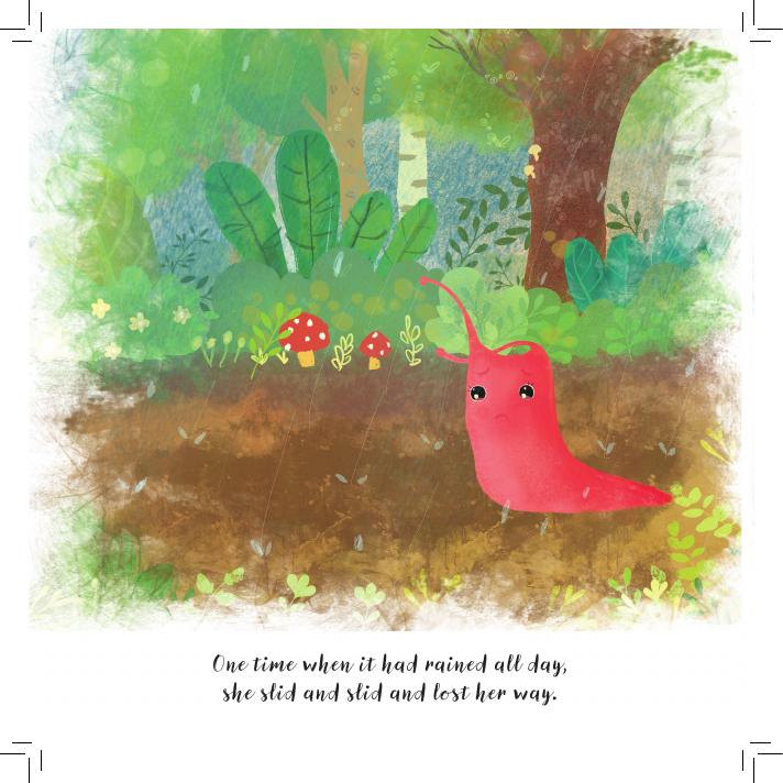 Susie, a little pink slug, exploring a green woodland.